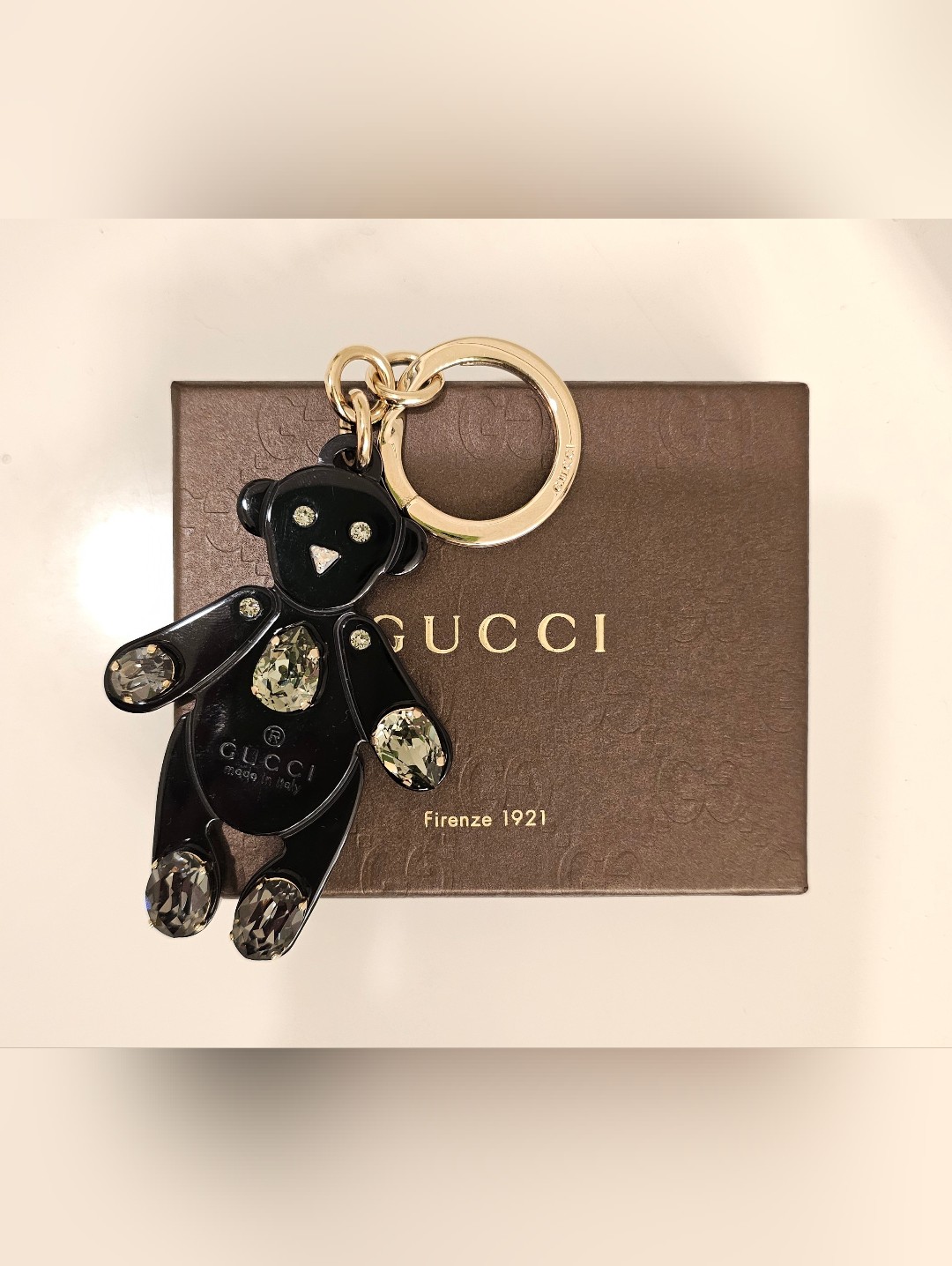 Raregucci Black With Rhinestone Bear Bag Charm And Box